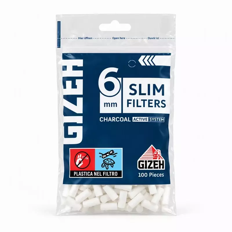 فیلتر سیگار گیزه اسلیم ذغال اکتیو بسته ی 100 عددی Gizeh Slim Filters Charcoal active system 6 * 15 mm 100 per bag